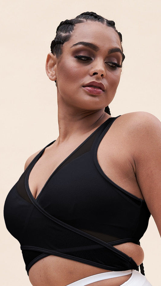 Fiona Cross Over Wrap Mesh Top - Black